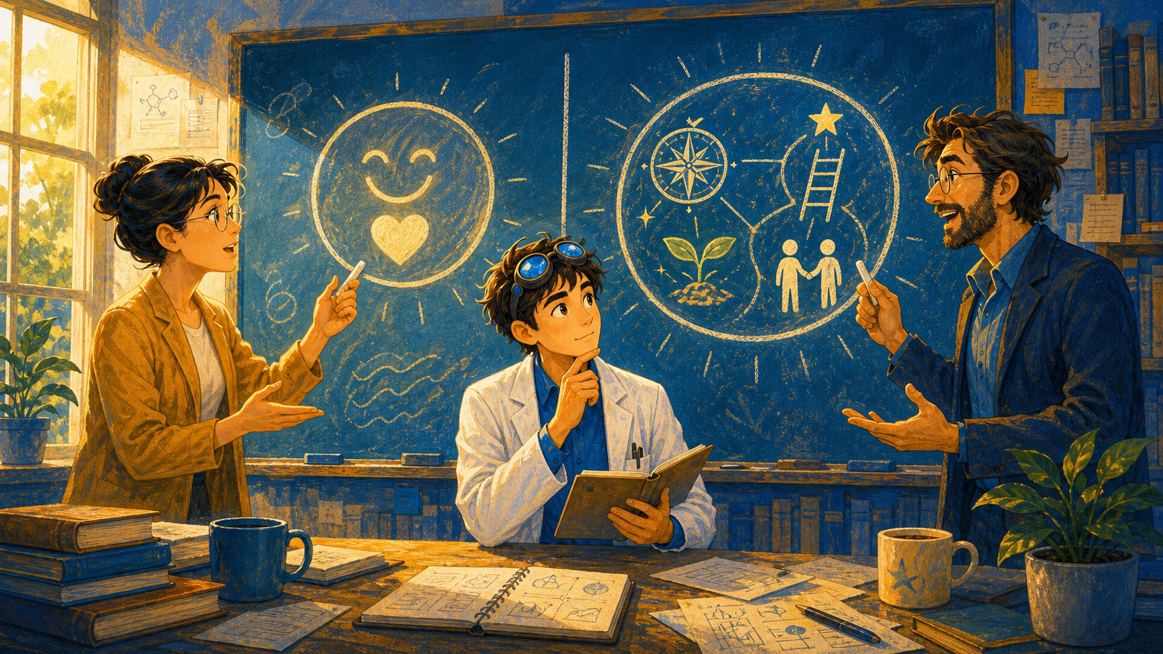 Two academics debating feelings and meaning across a chalkboard while a researcher takes notes