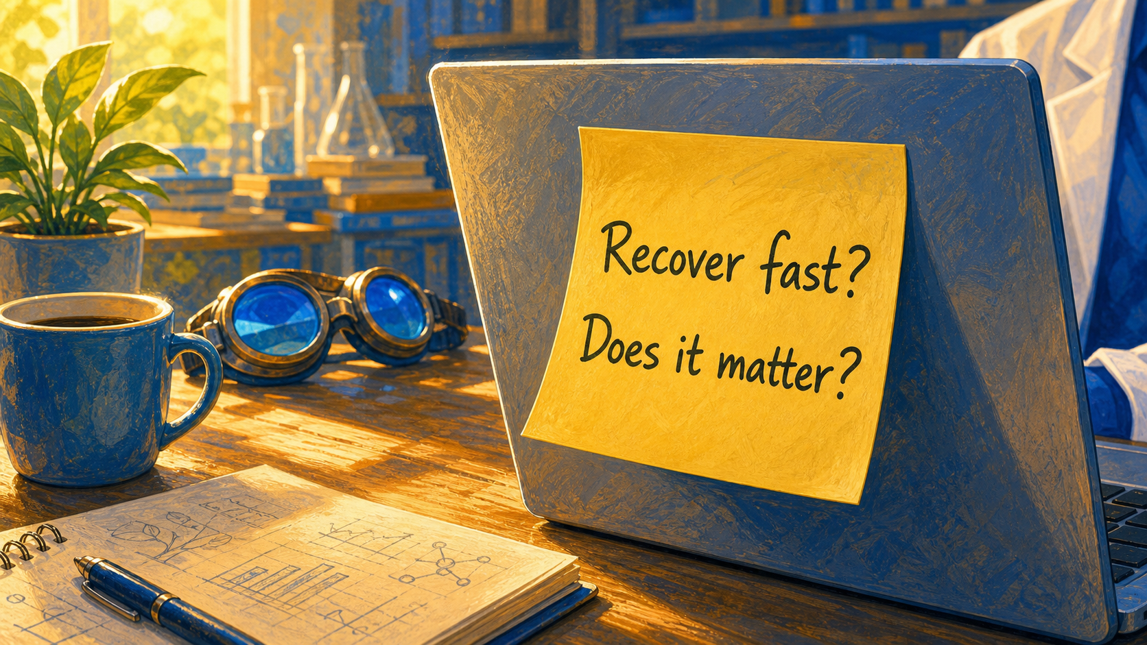 A yellow sticky note on a laptop asking whether you recover fast and whether the work matters