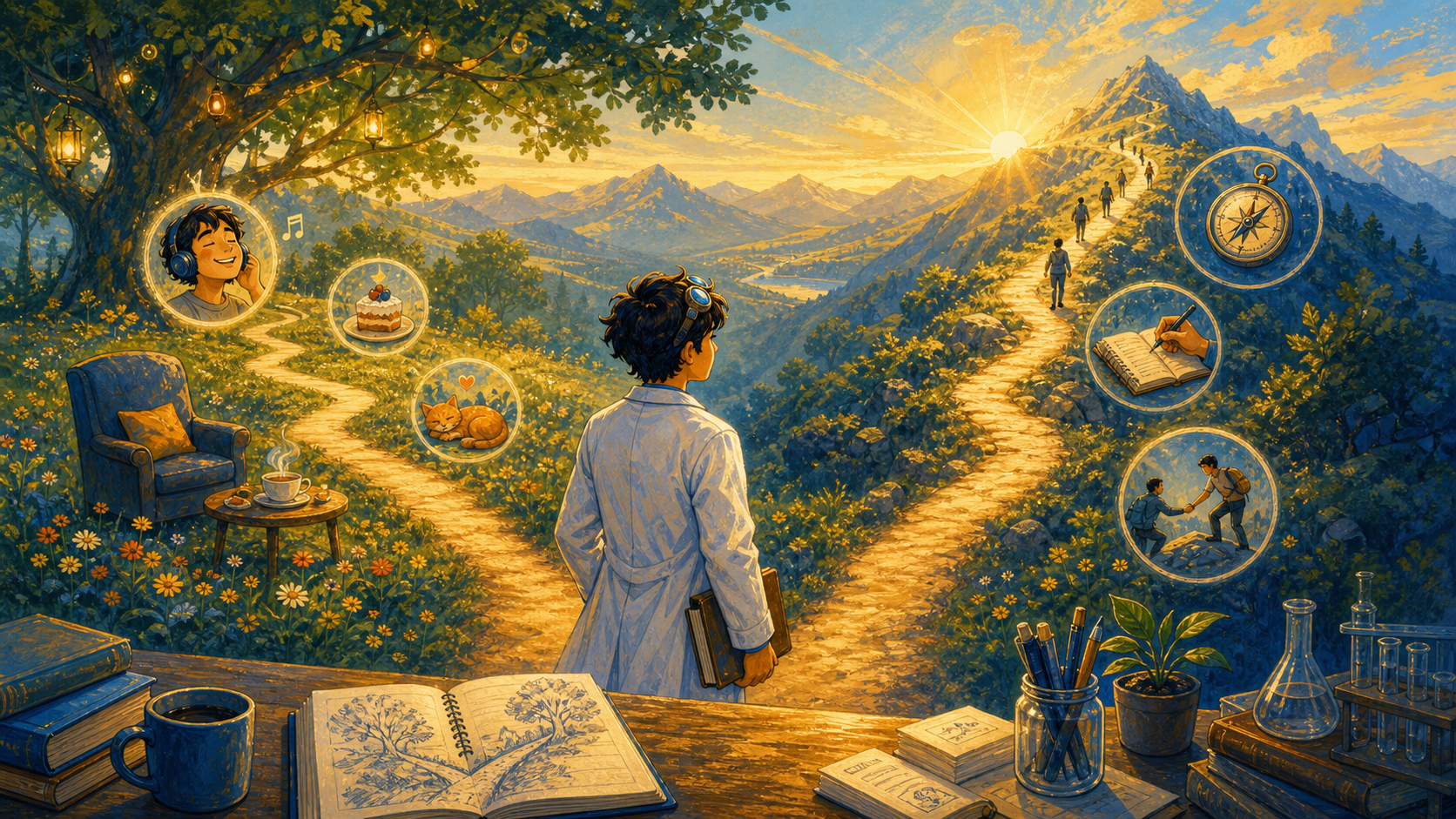 Two paths showing pleasure and meaning as different routes through happiness