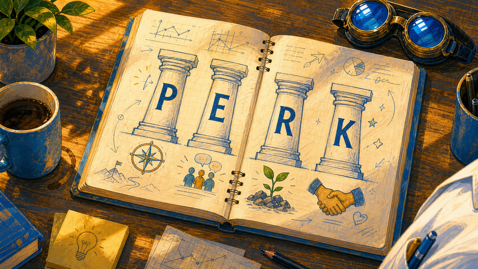 An open notebook sketching the PERK pillars as the next step in the happiness at work series