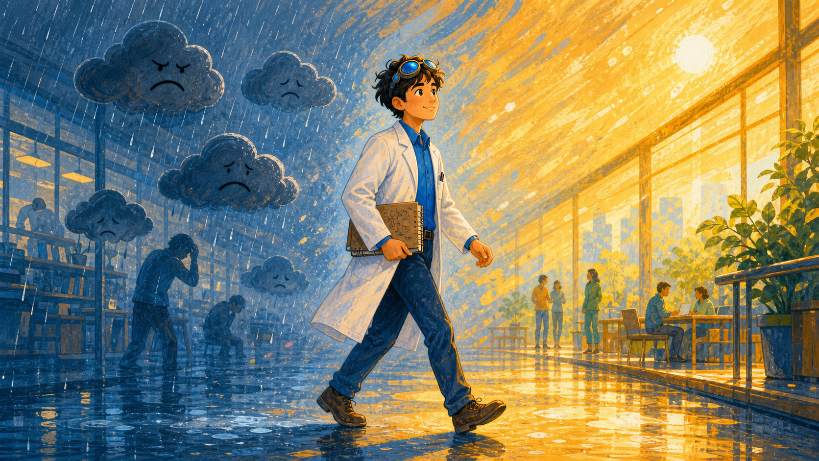 A researcher walking calmly through rain toward warm sunlight as a picture of recovery