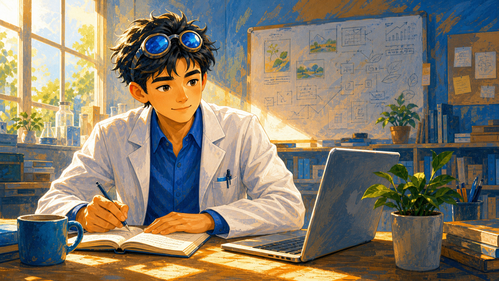 A person at their desk with a small, settled smile rather than a beaming grin, warm afternoon light, plant and notebook on the desk