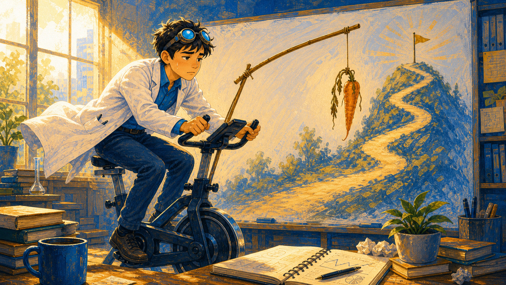 A researcher pedaling hard toward a wilted carrot goal that no longer feels meaningful