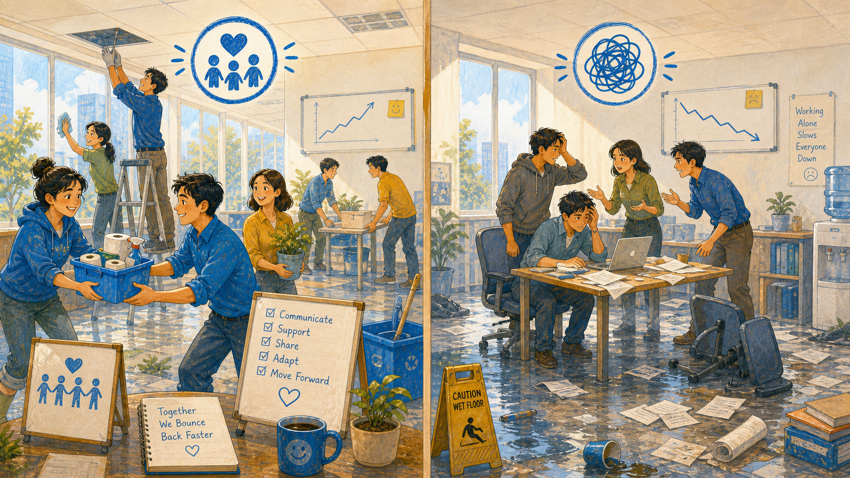A bright workplace scene shows a happier team rebuilding faster after a flood while a separate, isolated team is still arguing