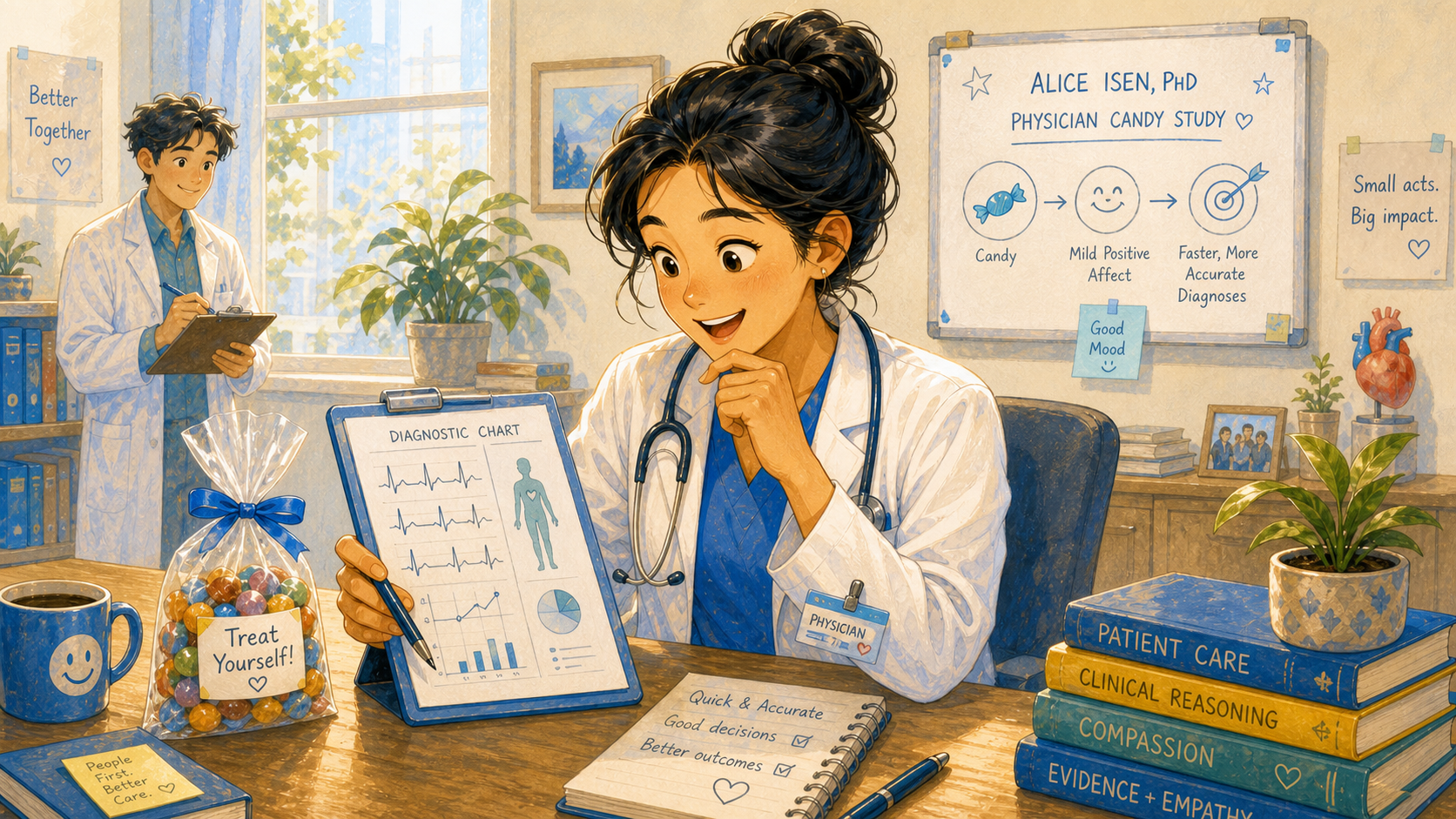 A practicing physician on a bright clinic desk with a small candy bag and a diagnostic chart, making a quicker decision