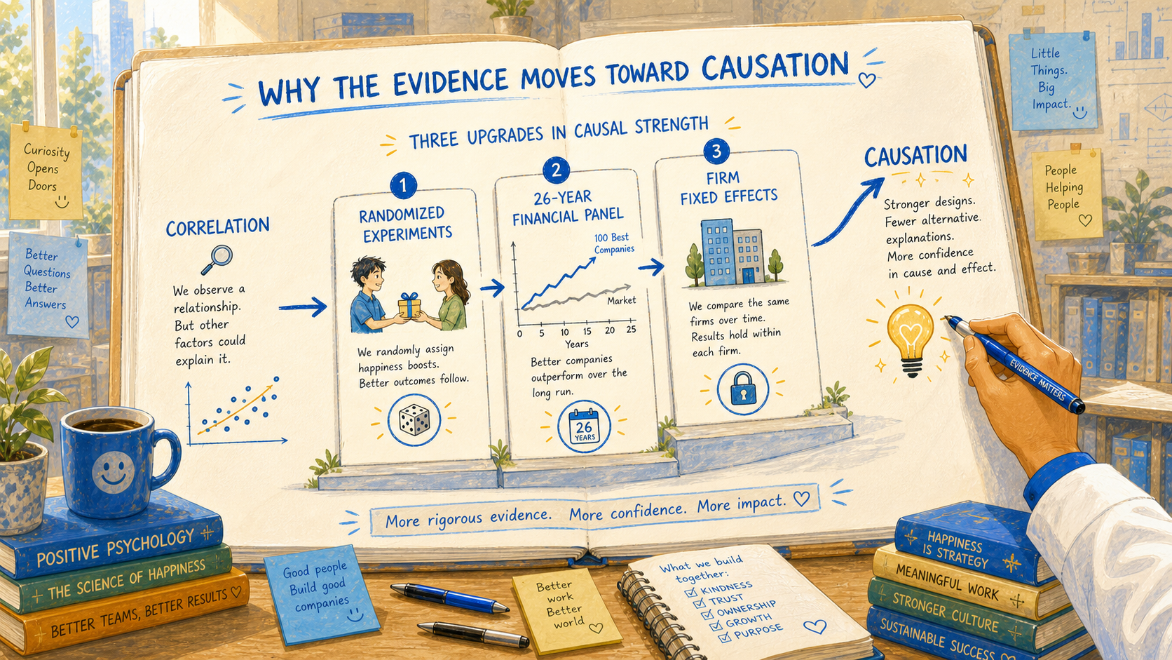 A bright lab notebook timeline shows three causal-strength upgrades — randomized labs, 26-year financial panel, firm fixed effects — moving the literature from correlation to causation