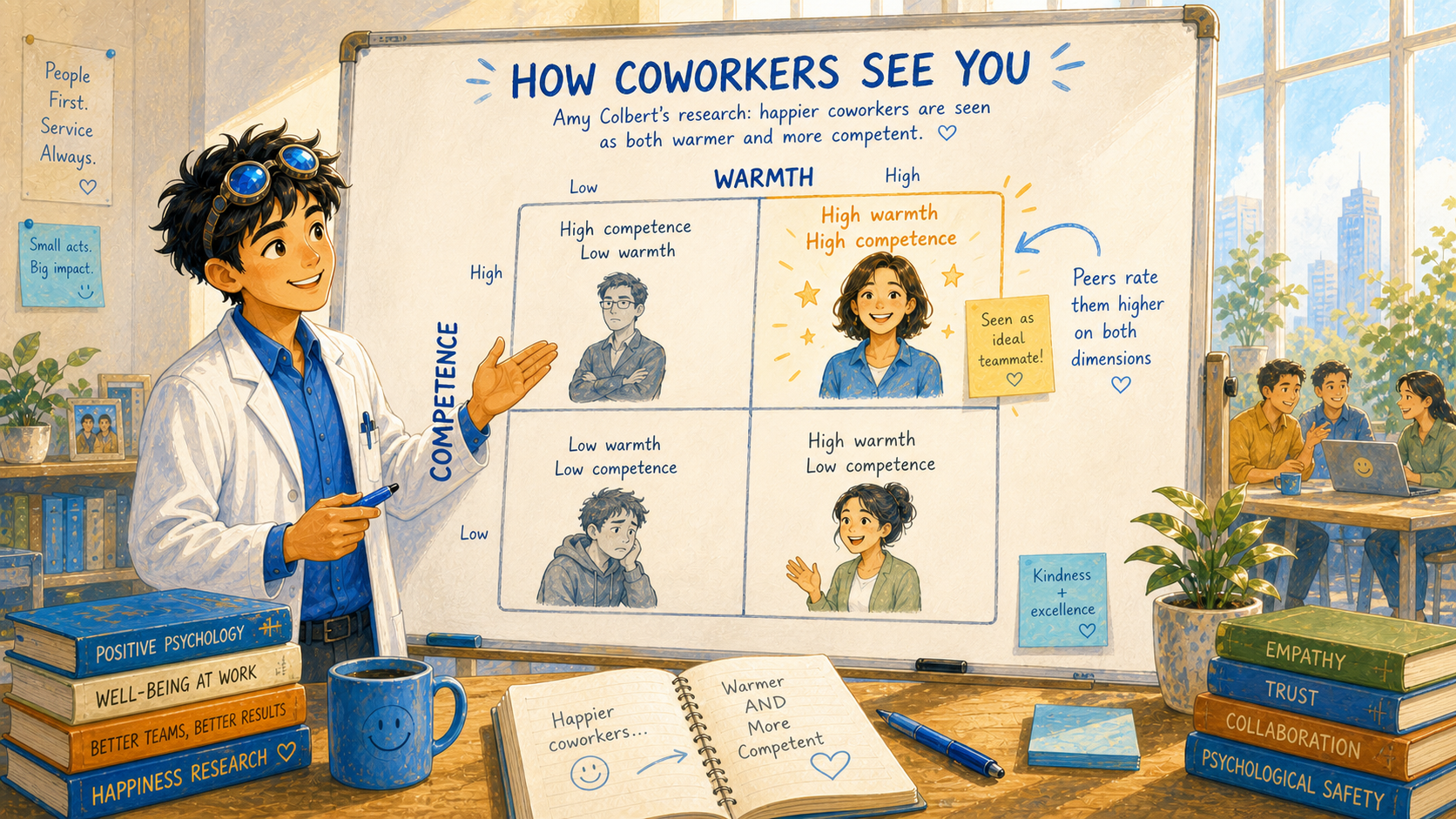 A bright office-lab whiteboard ranks coworkers on two axes — warmth and competence — and shows the happier coworker high on both