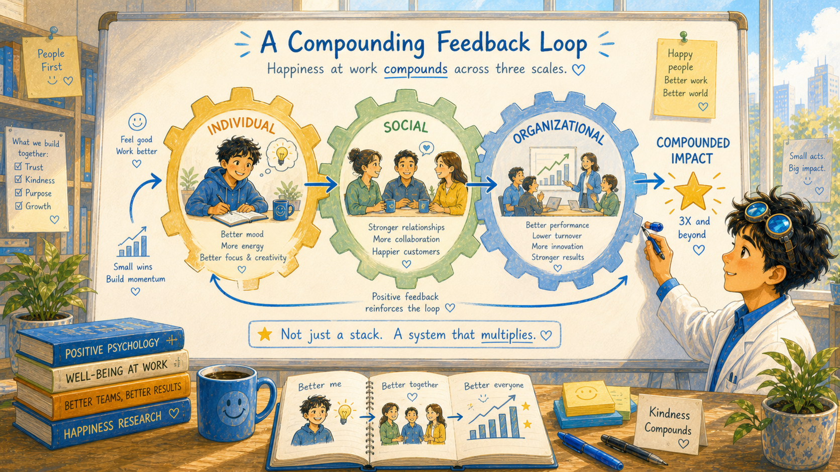 A bright office-lab cycle diagram shows three interlocking gears labeled individual, social, and organizational, all turning together