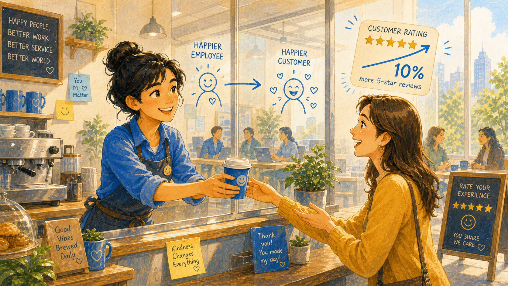 A bright cafe scene shows a slightly happier barista on one side and a noticeably warmer customer interaction on the other, with a 10 percent rating arrow above