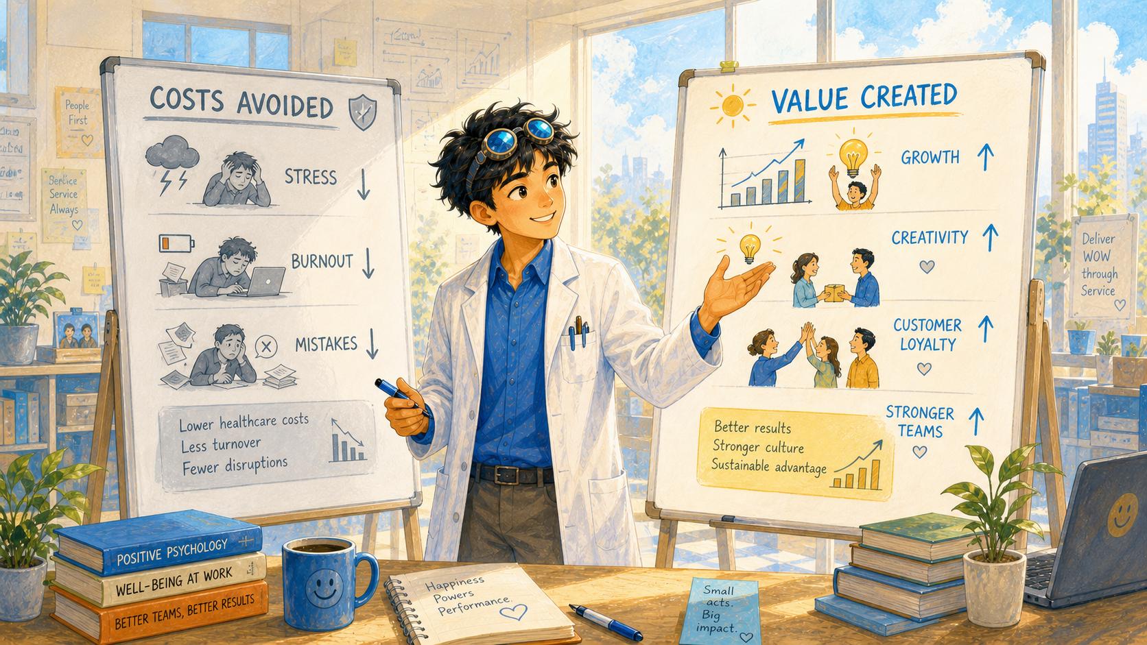 A researcher in a bright office-lab compares two whiteboards — one labeled "costs avoided" and one labeled "value created" — with the value-created board glowing brighter