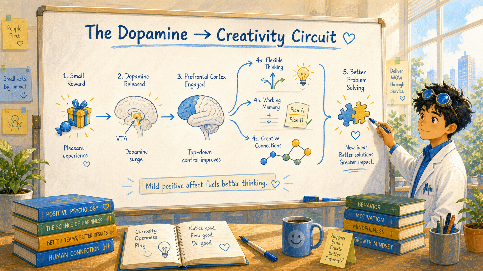 A simple dopamine pathway diagram on a bright lab whiteboard, with arrows from a gift to anterior cingulate to flexible thinking