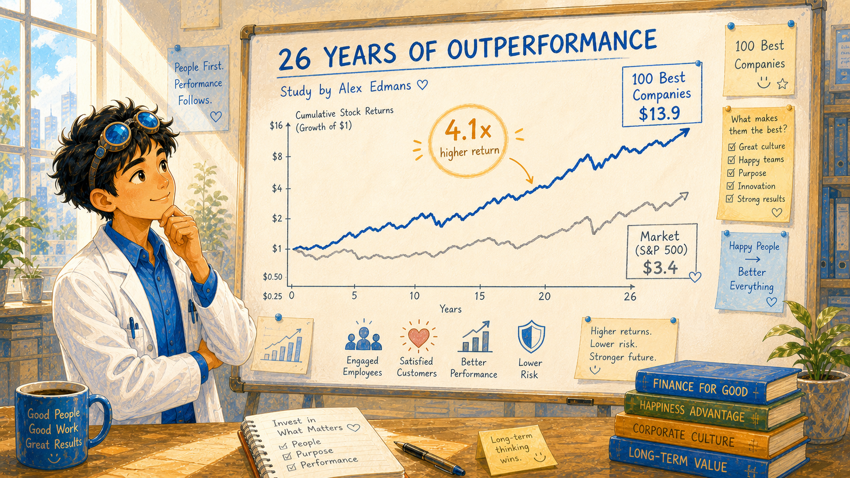 A bright bulletin board with a stock chart shows two compounding lines diverging over 26 years, the higher line labeled "100 Best Companies"