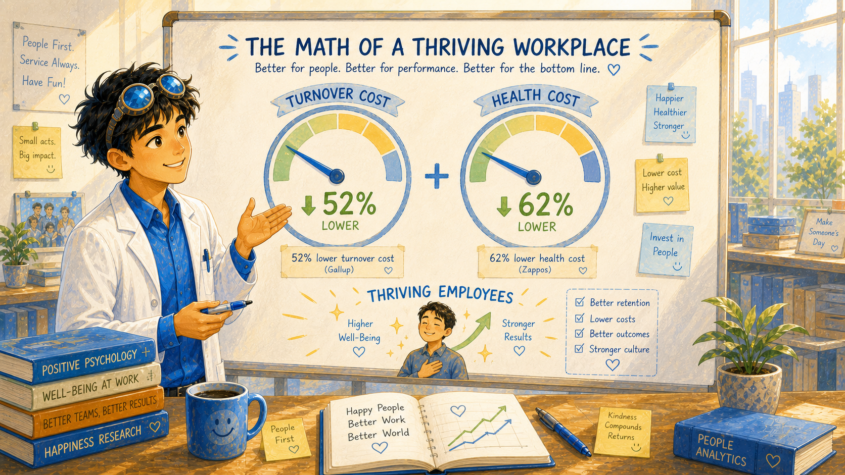 A bright finance dashboard shows two large gauges — turnover cost down 52 percent and health cost down 62 percent — with a thriving figure beneath