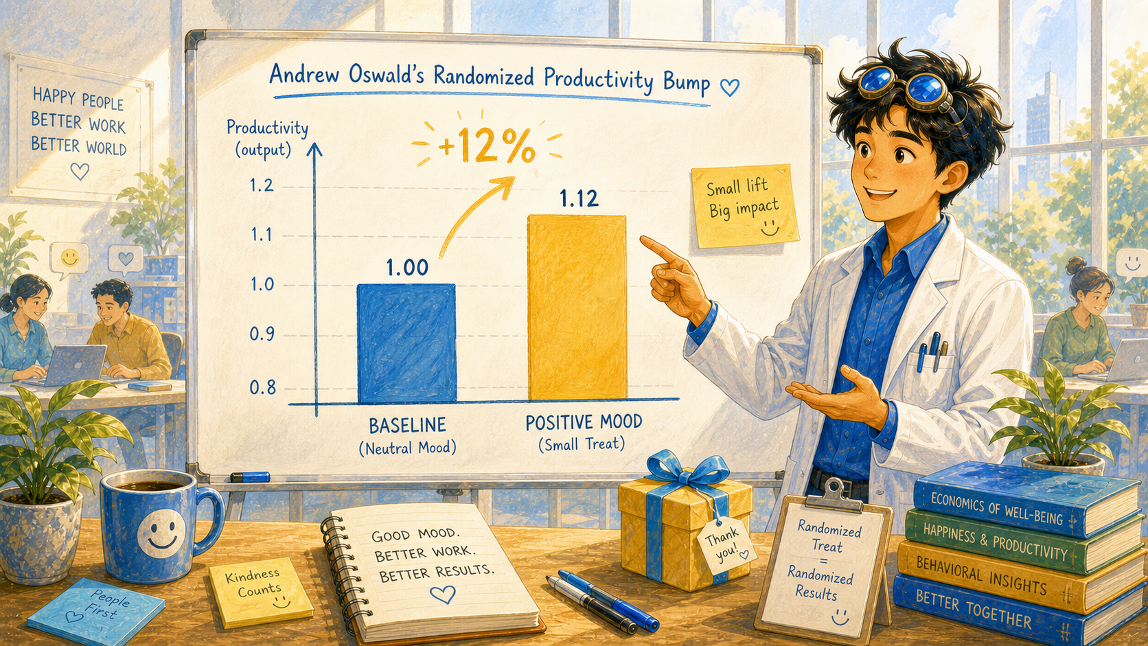 A bright office-lab bench shows two productivity output bars side by side — a baseline bar and a slightly taller positive-mood bar — annotated 12 percent