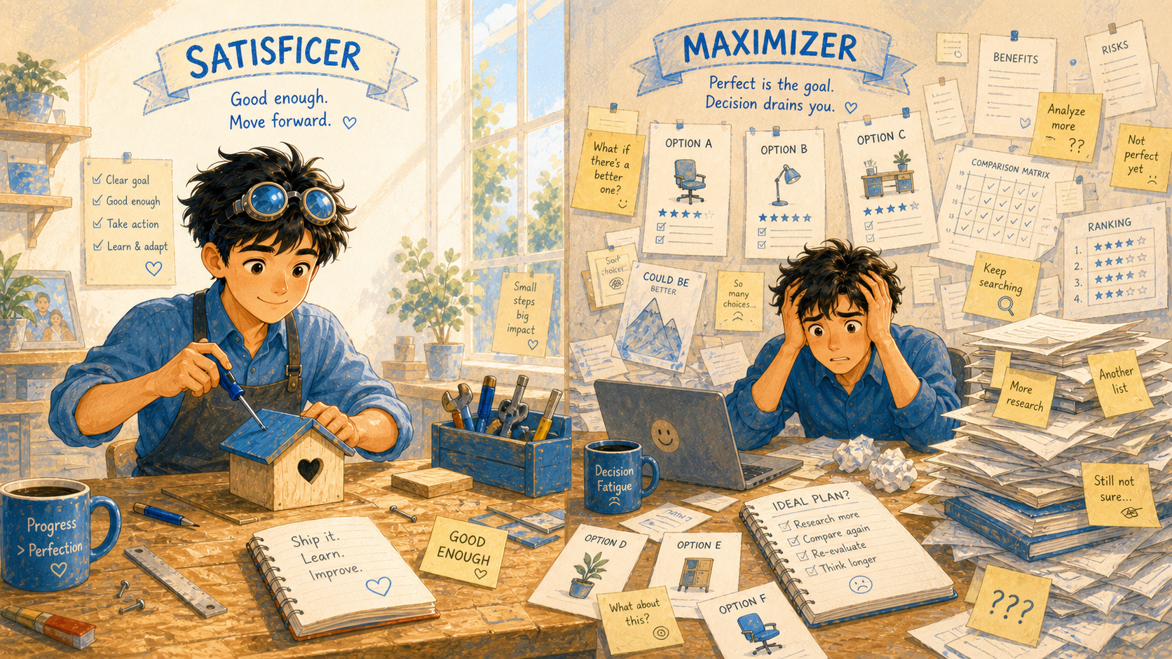 A bright workshop bench shows a satisficer happily using on-hand tools while a maximizer behind them is overwhelmed by a wall of perfect-but-unattainable options