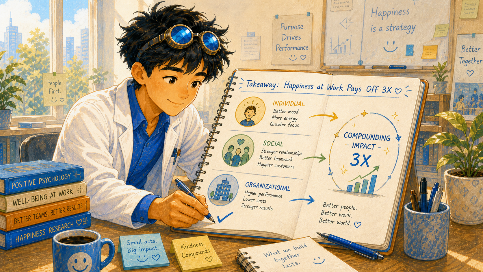 A researcher writes the last checkmark on a bright notebook page summarizing the seven workplace happiness takeaways
