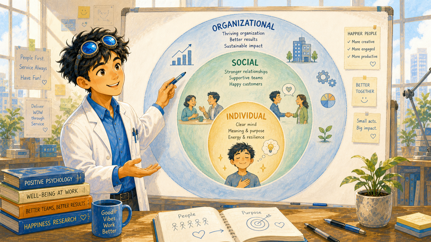 A bright office-lab whiteboard with three concentric rings labeled individual, social, and organizational, each annotated with a small icon