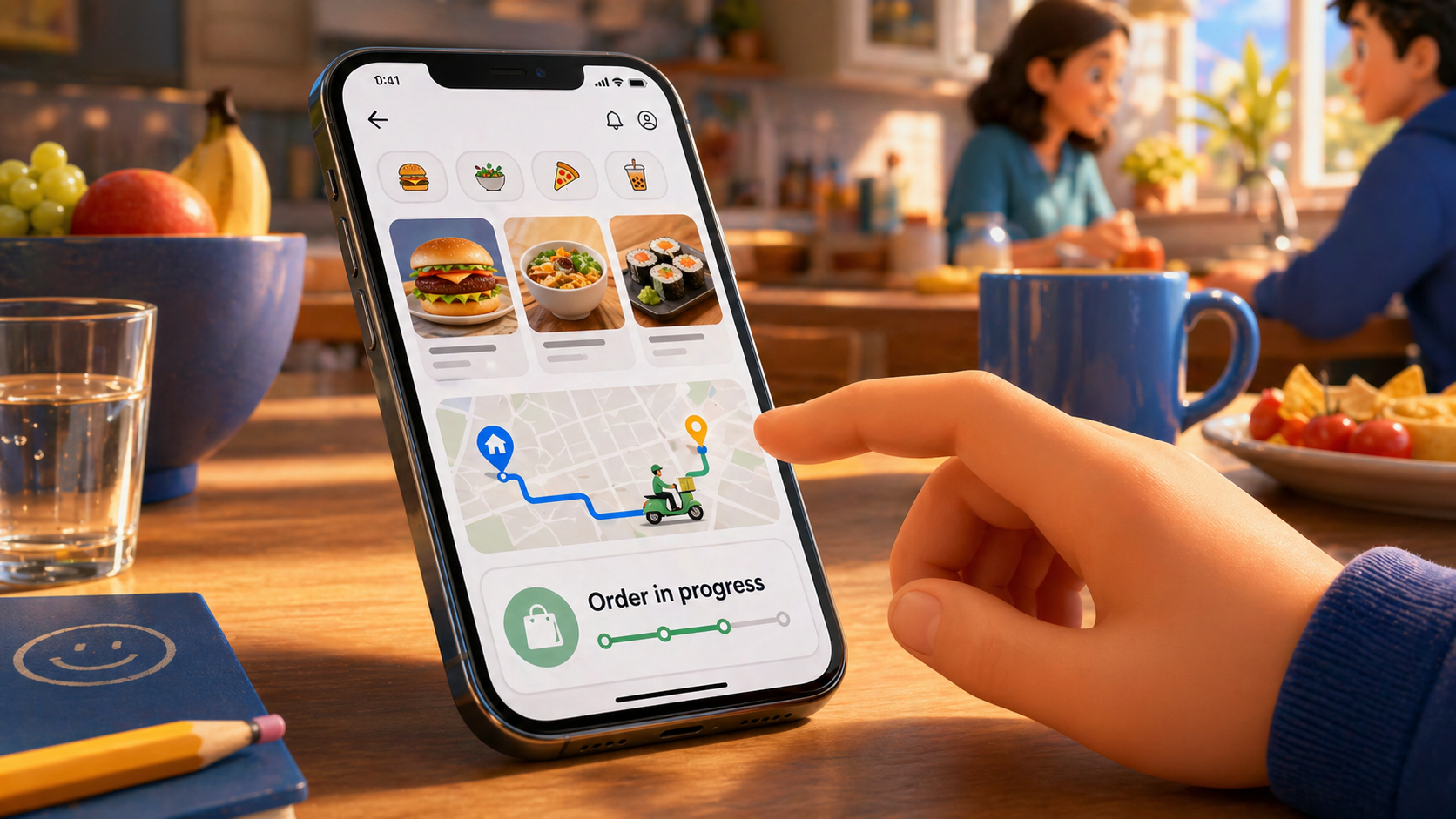 A kid taps a delivery app order in progress on a phone at the family table