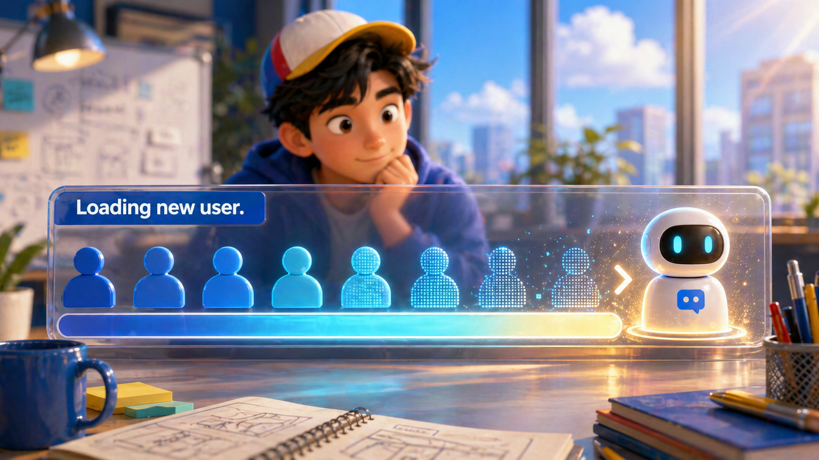 A loading bar of human user icons gradually resolves into one agent icon