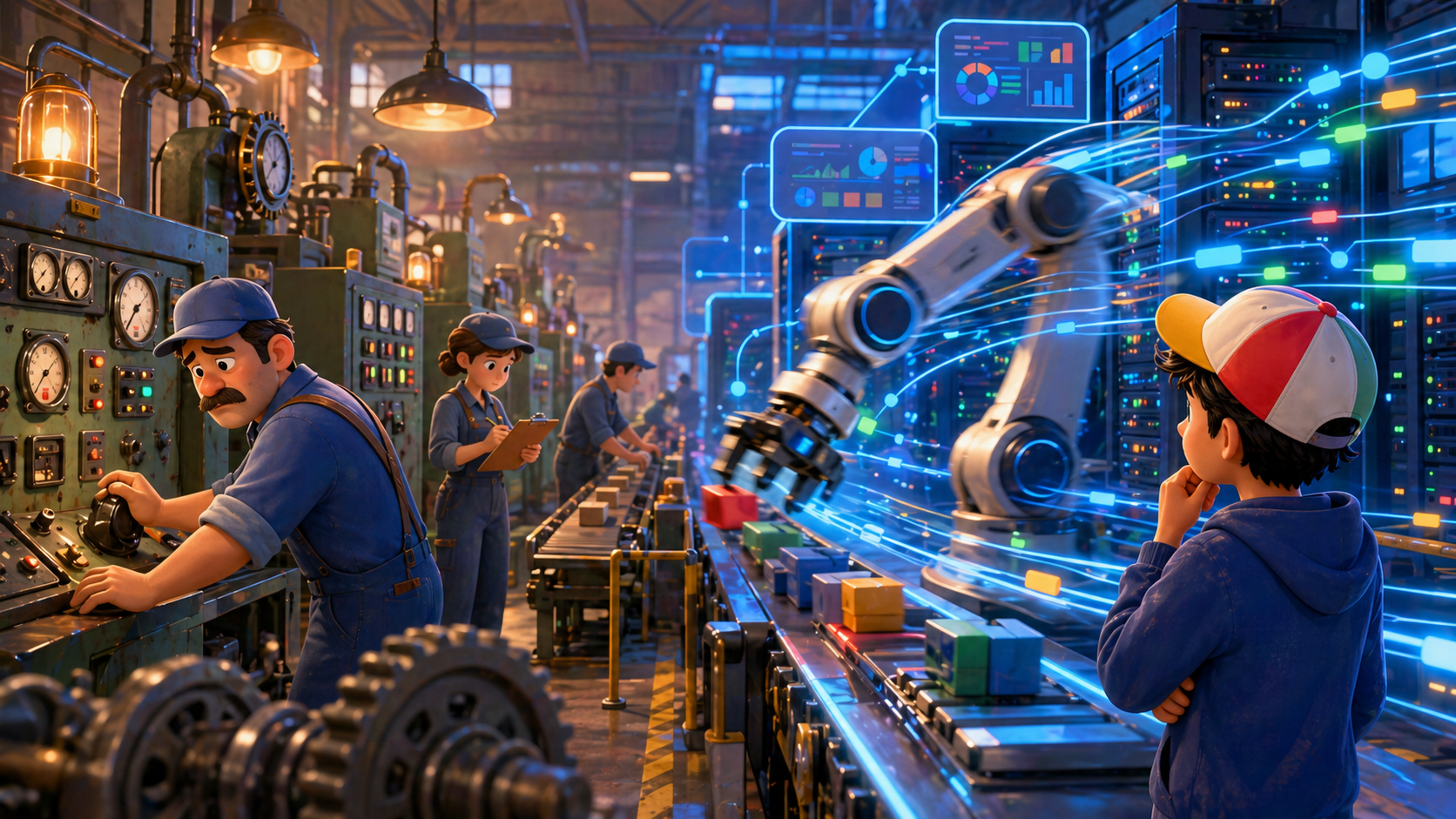 An old factory floor strains beside a fast-moving robotic arm and data trails