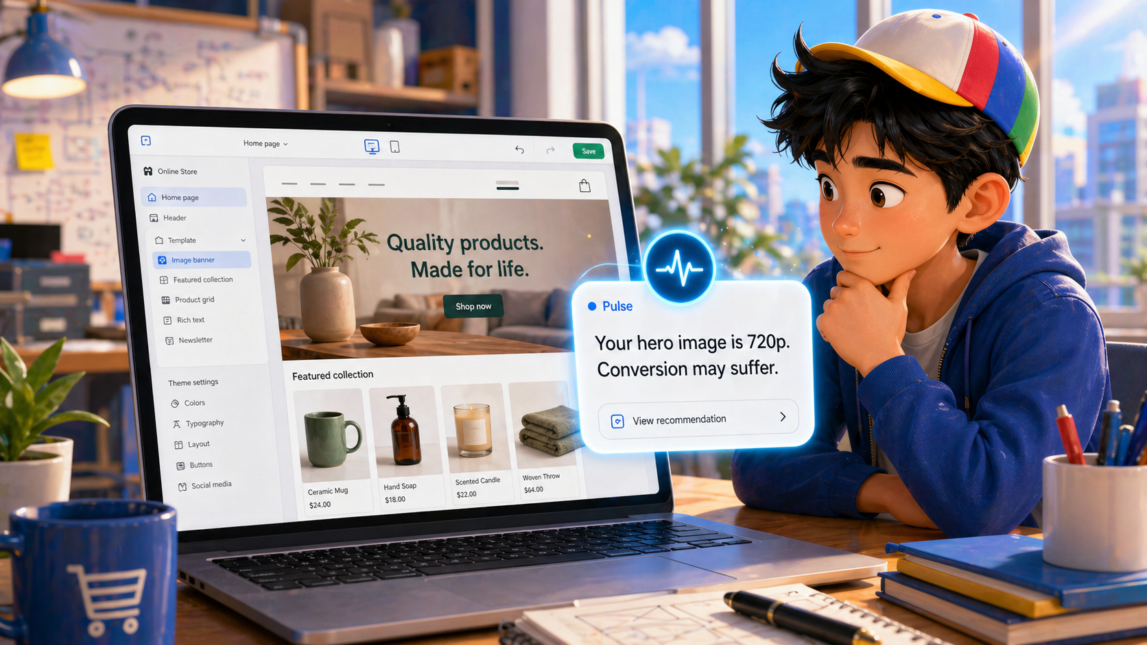 A storefront dashboard shows a Pulse warning that a hero image is too low resolution