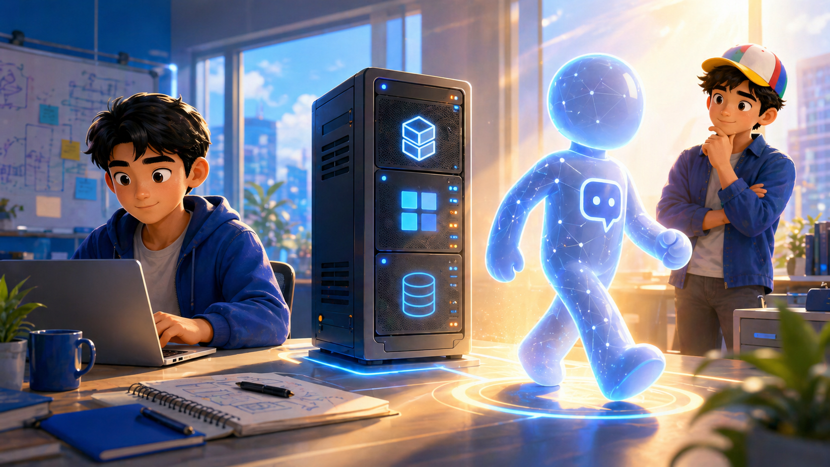 A human user, server, and glowing agent figure stand side by side as the agent steps forward
