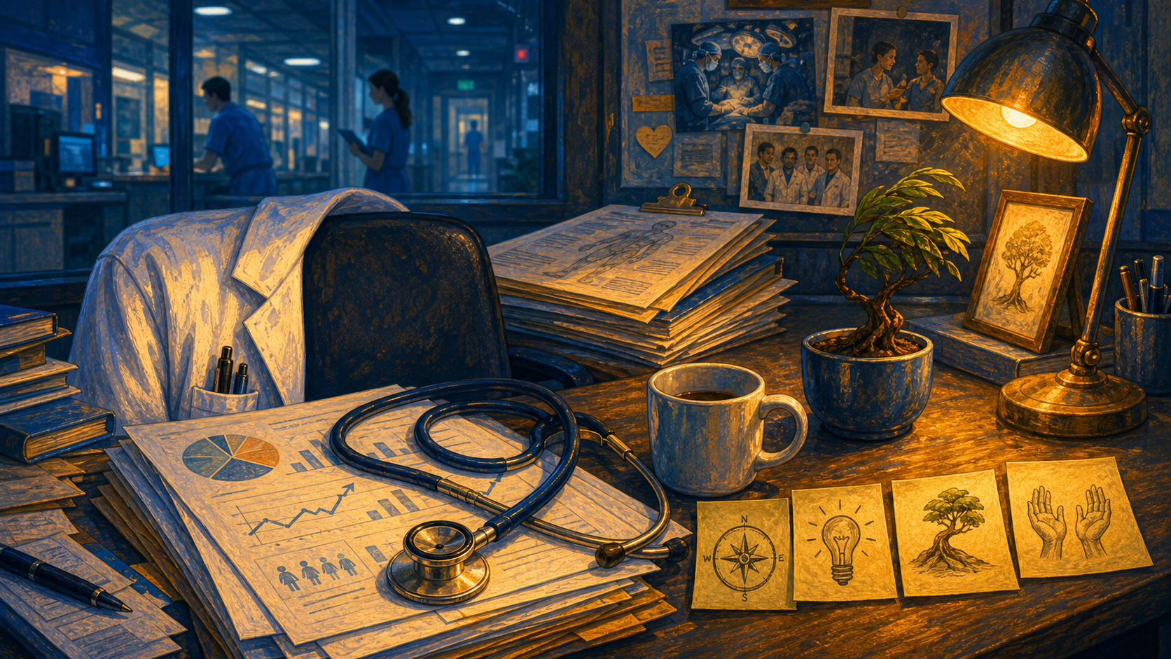 A late-night medical desk shows a stethoscope, charts, and quiet PERK symbols around an empty lab coat