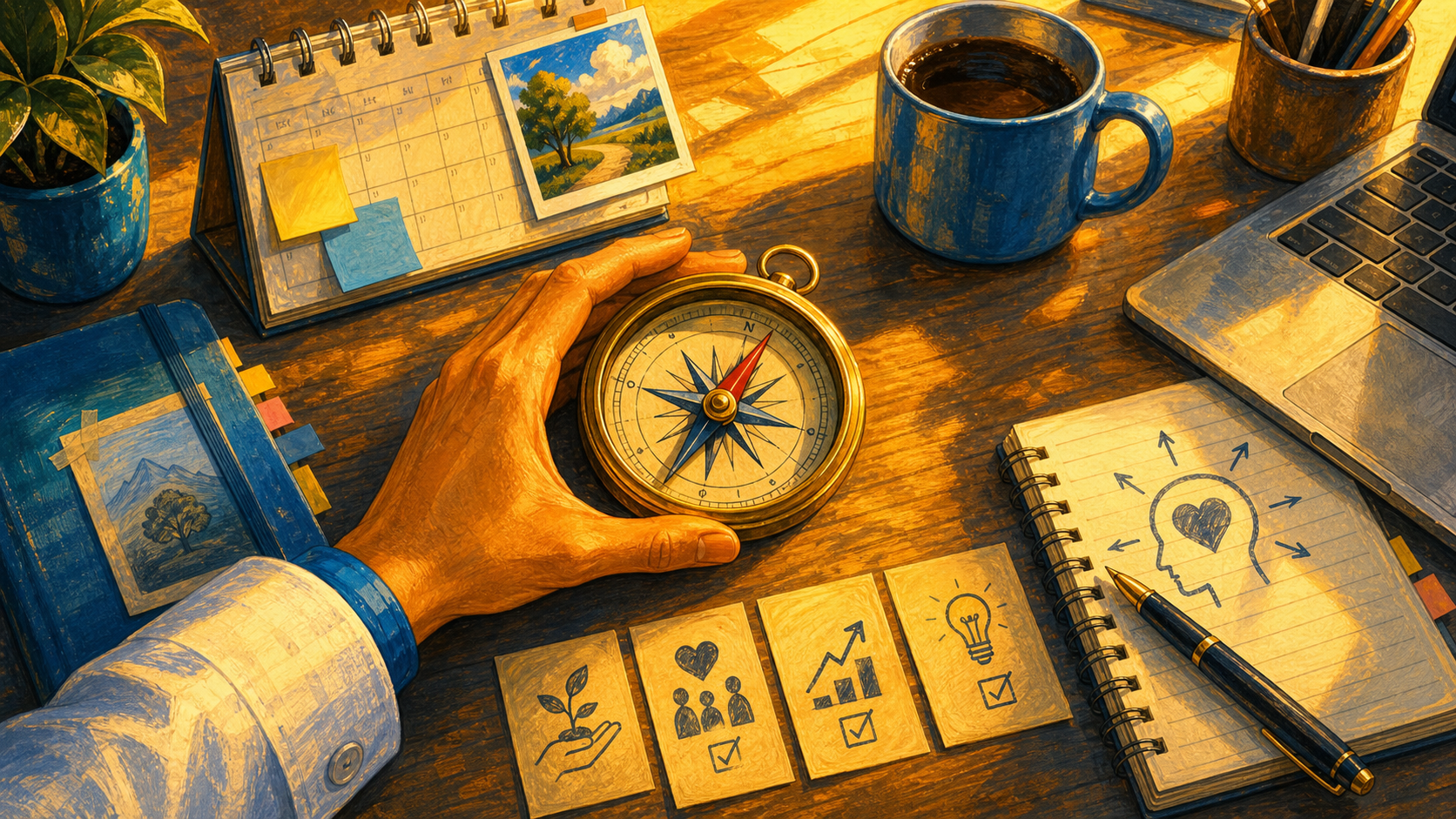 A brass compass points across a bright work desk, aligning daily tasks with personal values