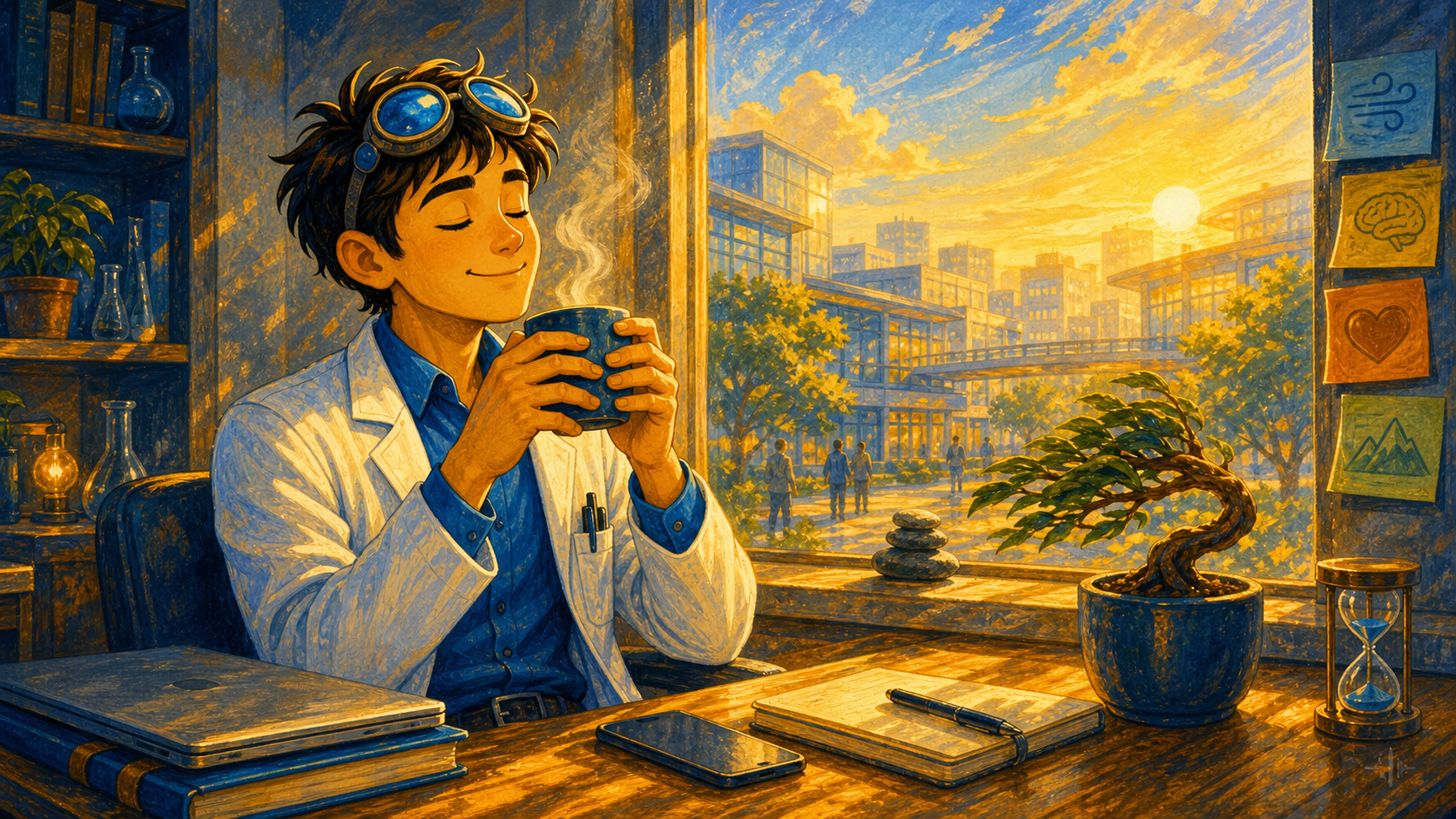 A researcher pauses by a morning window with a warm mug, closed devices, and a wind-bent plant