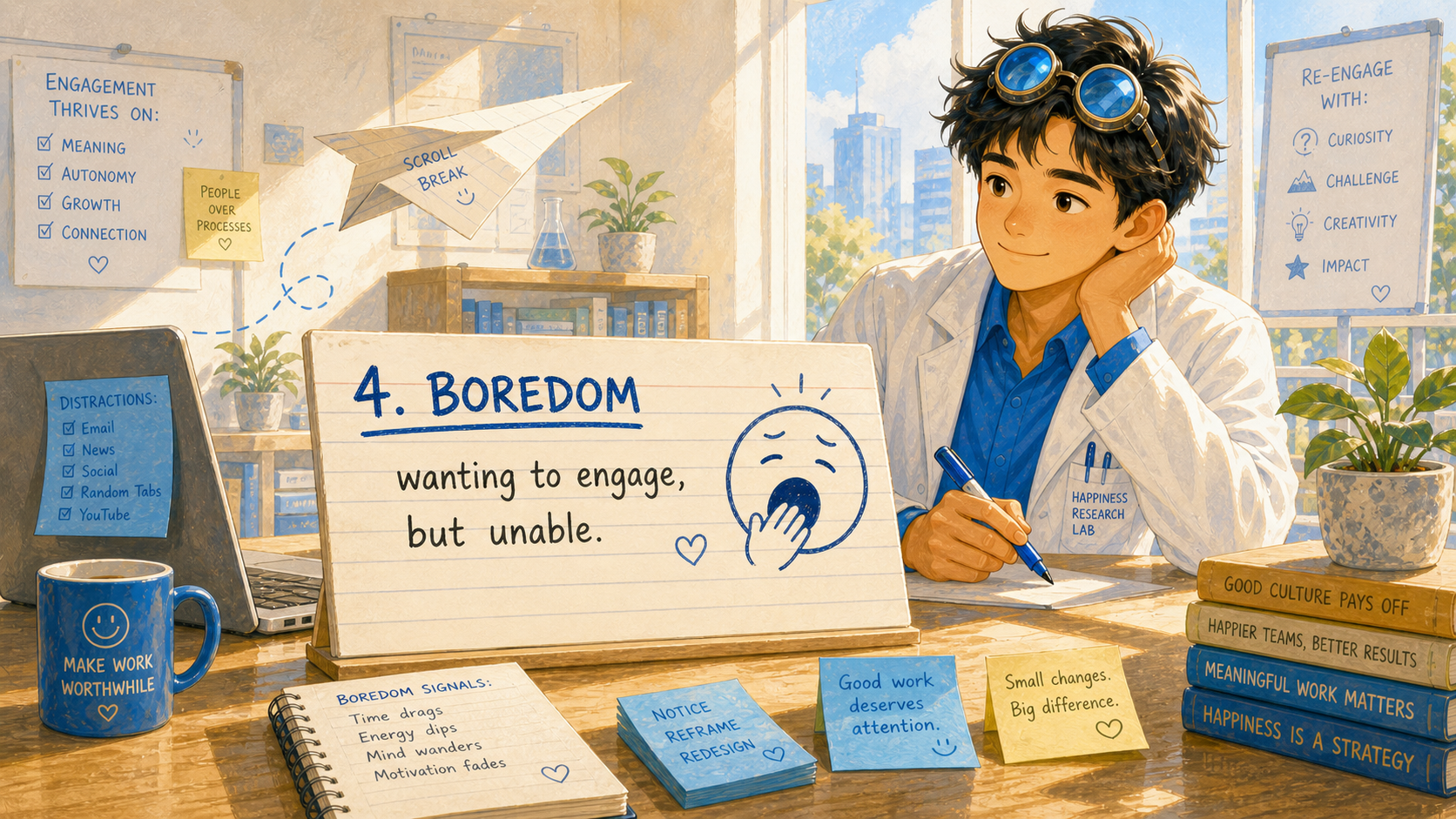 A bright desk holds a handwritten definition card about wanting to engage but being unable to