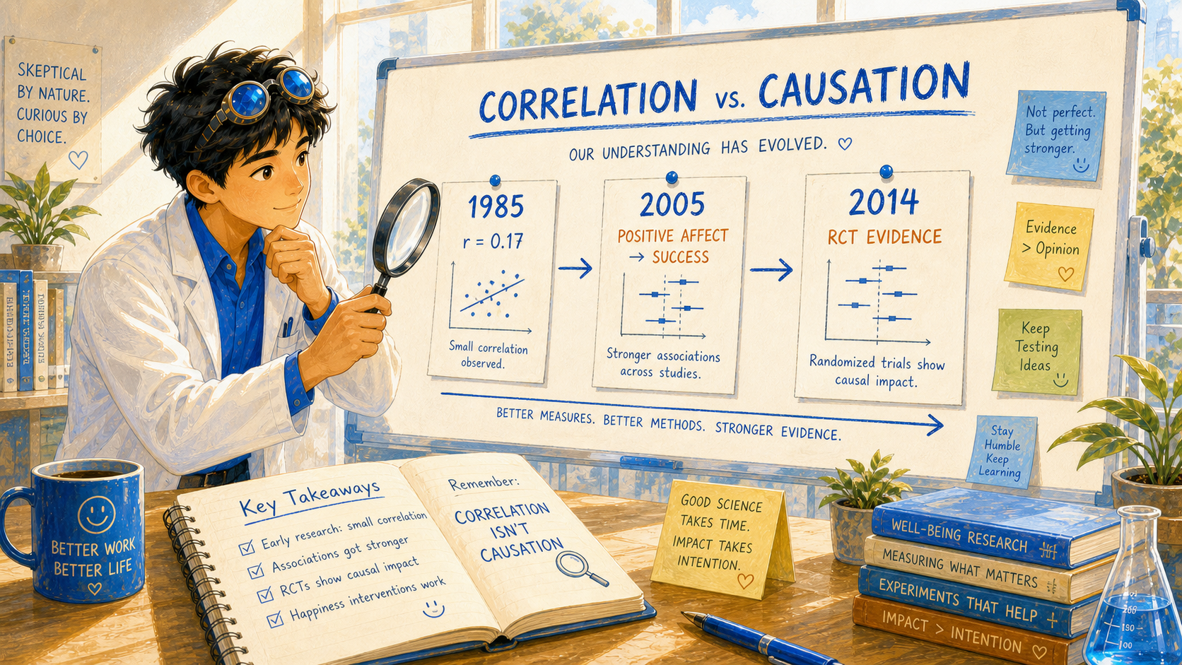 A notebook and whiteboard timeline traces the literature from r equals 0.17 in 1985 to larger causal evidence in 2005 and 2014