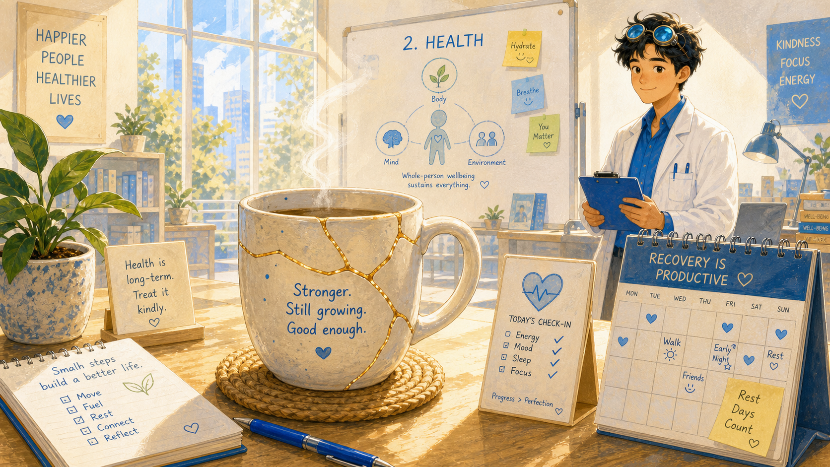 A cracked ceramic mug repaired with gold sits on a bright desk beside small health and recovery notes