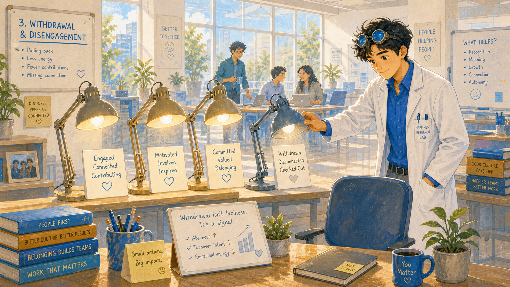 A row of desk lamps shows one dimmed lamp and empty chair among otherwise lit workstations