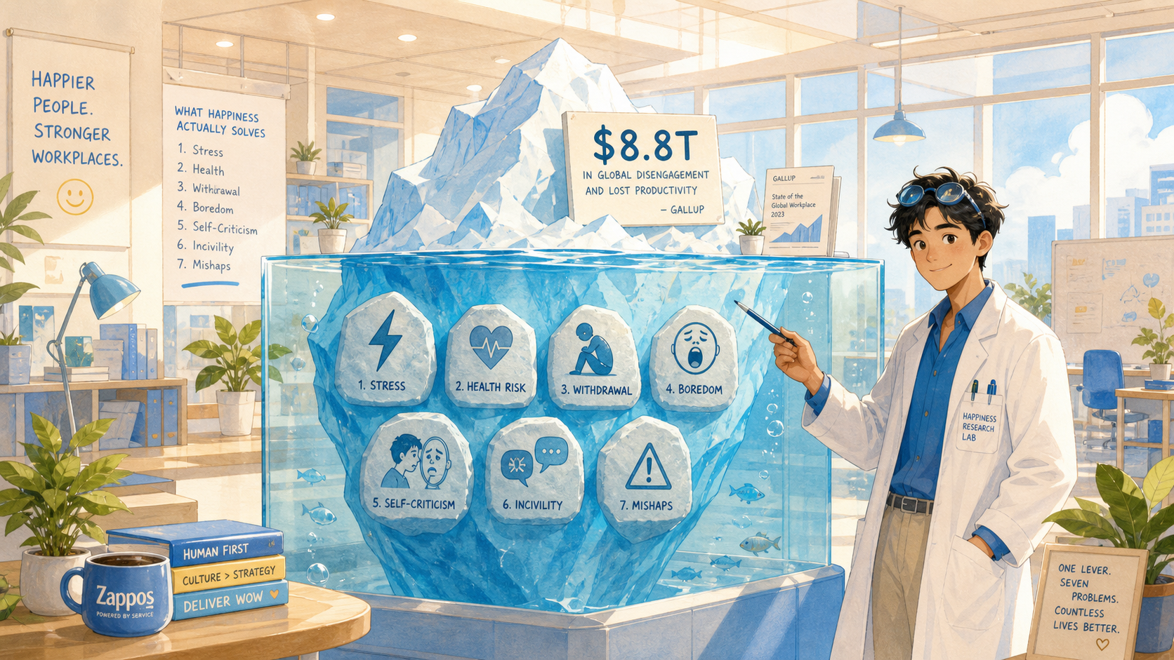 A pale blue iceberg in a bright office lab shows the 8.8 trillion dollar cost above the waterline and seven workplace problems below it