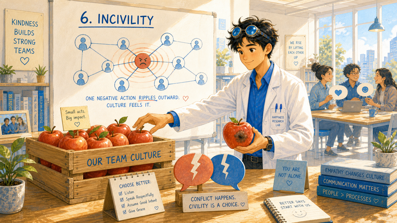 A bruised apple in a bright workplace crate spreads a red ripple through a small social network diagram
