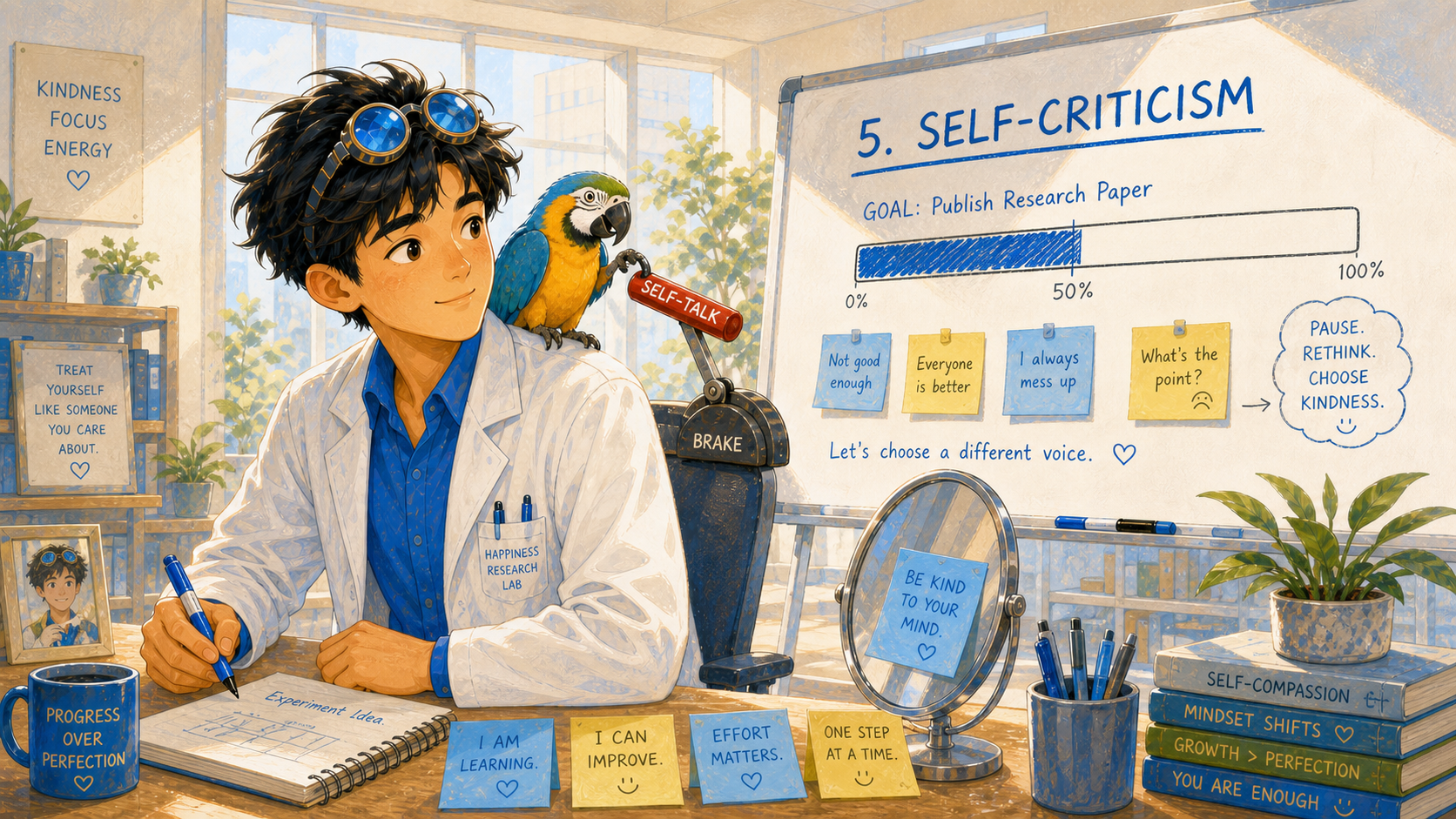 An inner critic parrot gently pulls a brake handle that blocks a goal progress bar on a bright whiteboard