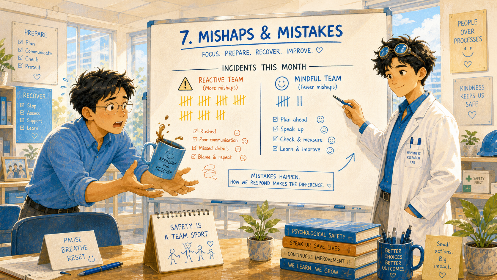 A bright safety board compares incident tally marks between two teams while a coworker catches a falling mug