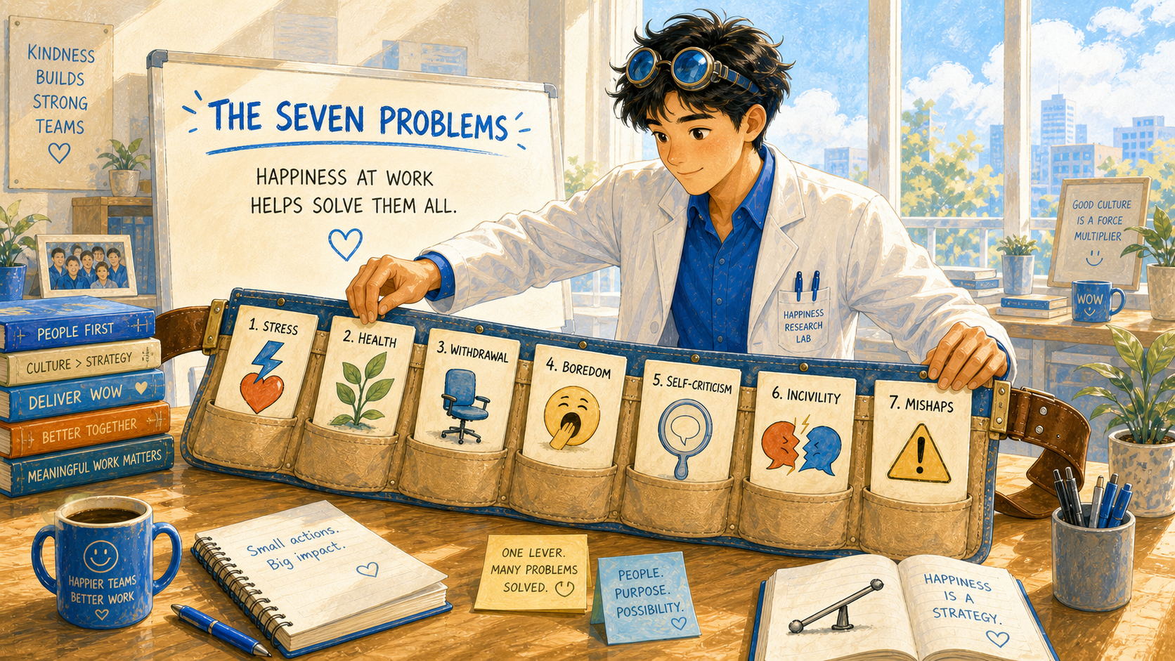 A seven-pocket work toolbelt holds icon cards for stress, health, withdrawal, boredom, self-criticism, incivility, and mishaps