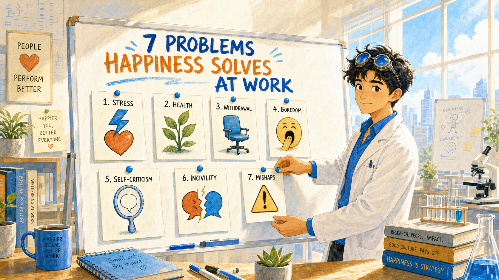 A bright office-lab whiteboard lists seven workplace problems as hand-drawn icon cards pinned by a researcher