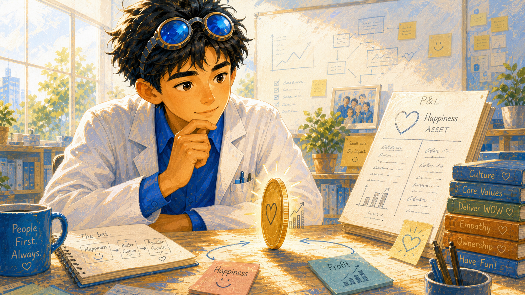 A balanced coin links happiness and profit as a directional business bet
