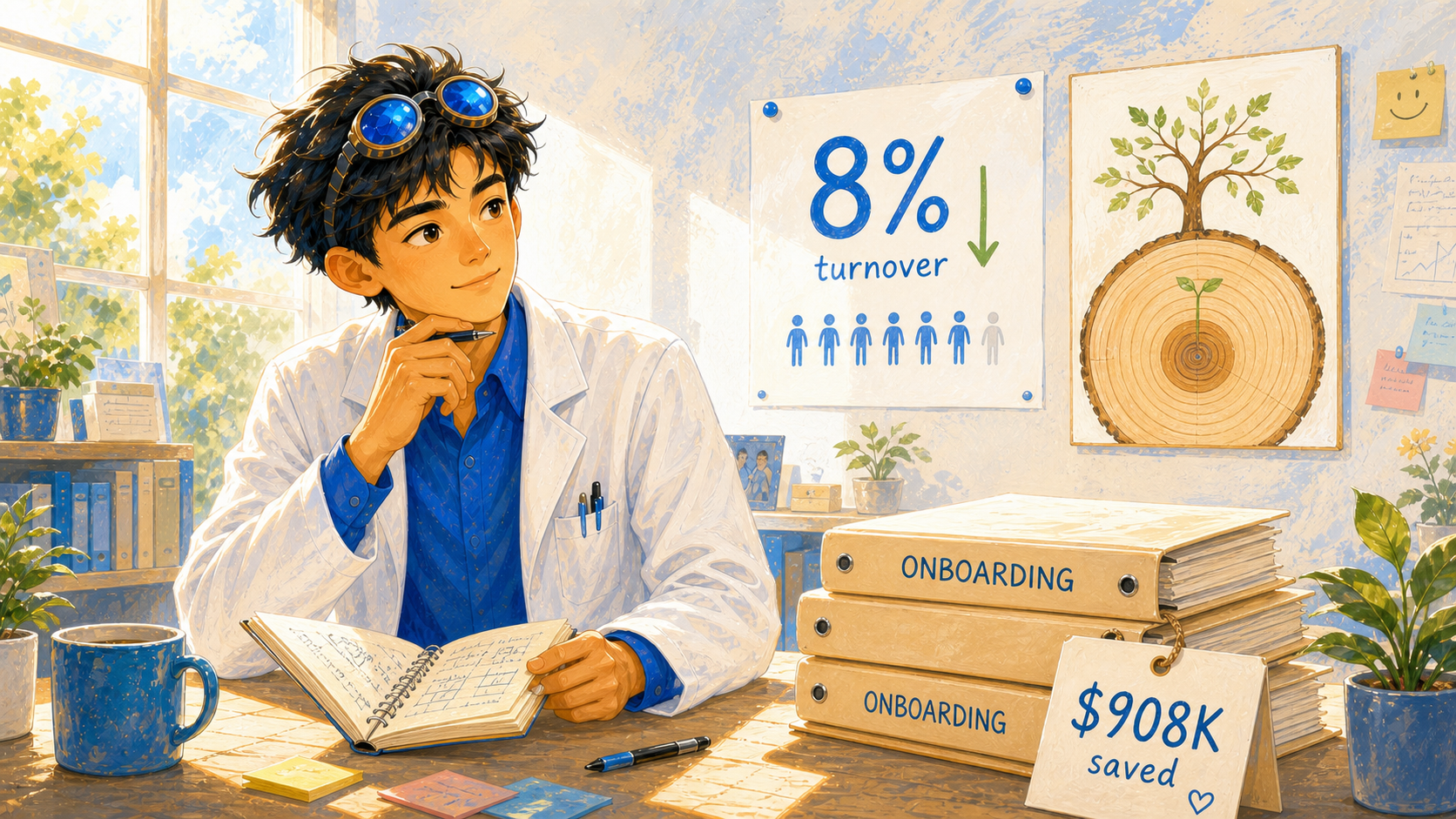 Unopened onboarding folders and a bright chart show the savings from an 8 percent turnover rate