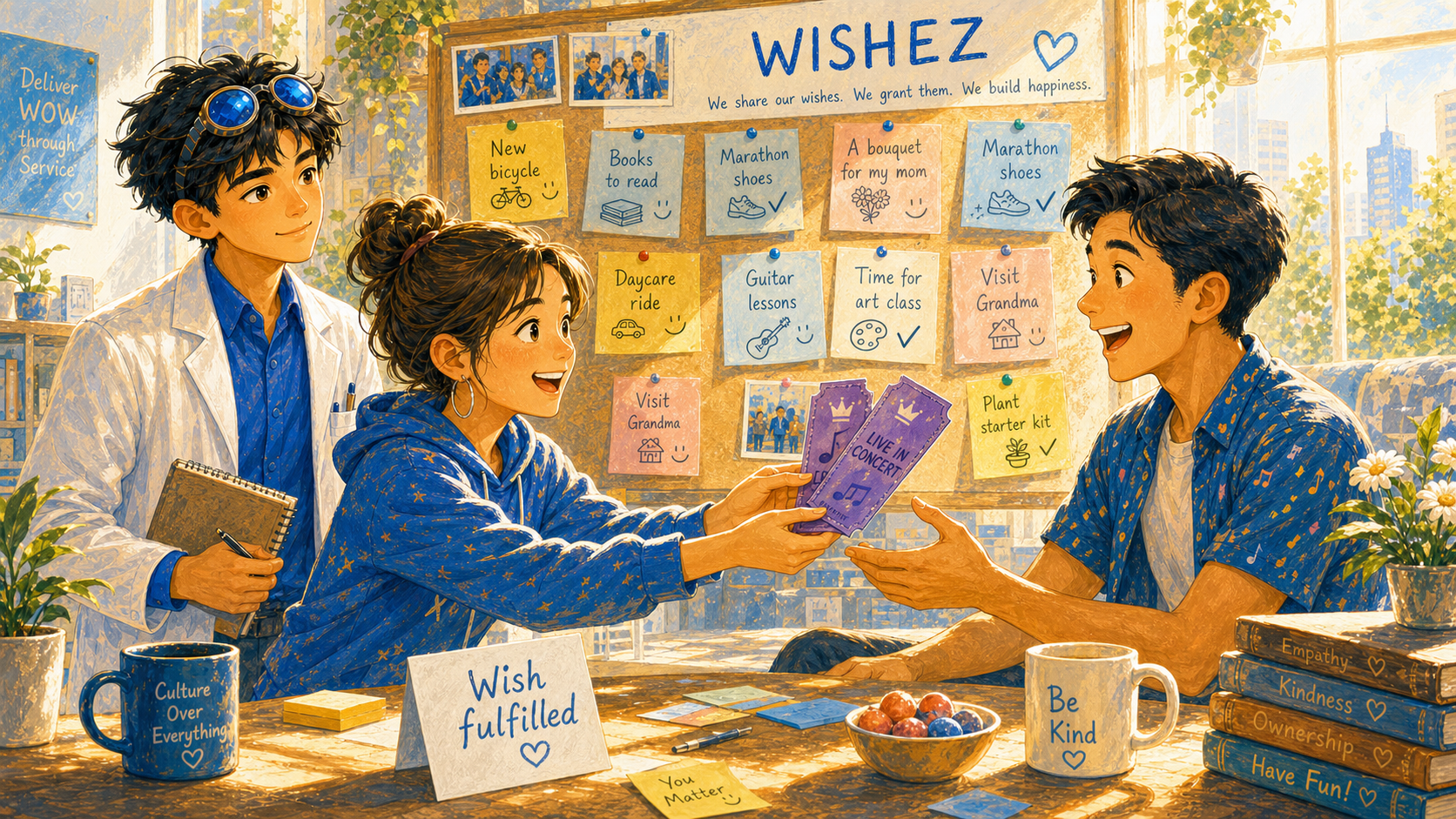 Two coworkers hand over purple concert tickets in front of a bright WISHEZ board