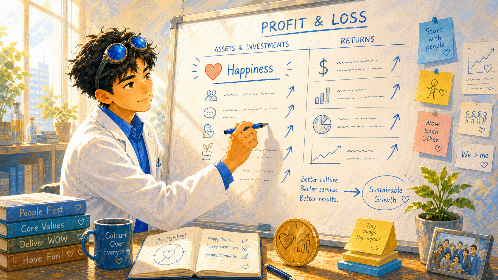 A hand-drawn profit-and-loss board places happiness at the top of the asset column