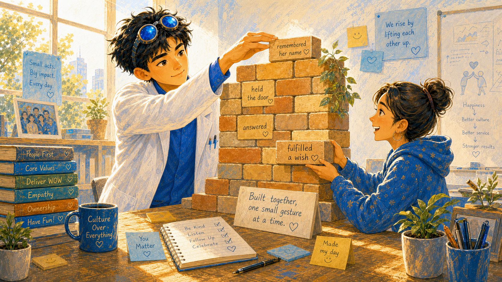 Small workplace gestures stack into a warm brick wall of trust
