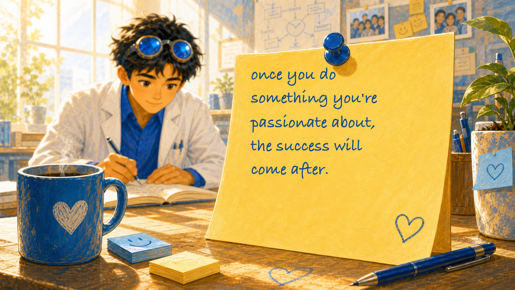 A yellow sticky note carries Letha's quote about passion and success on a bright desk