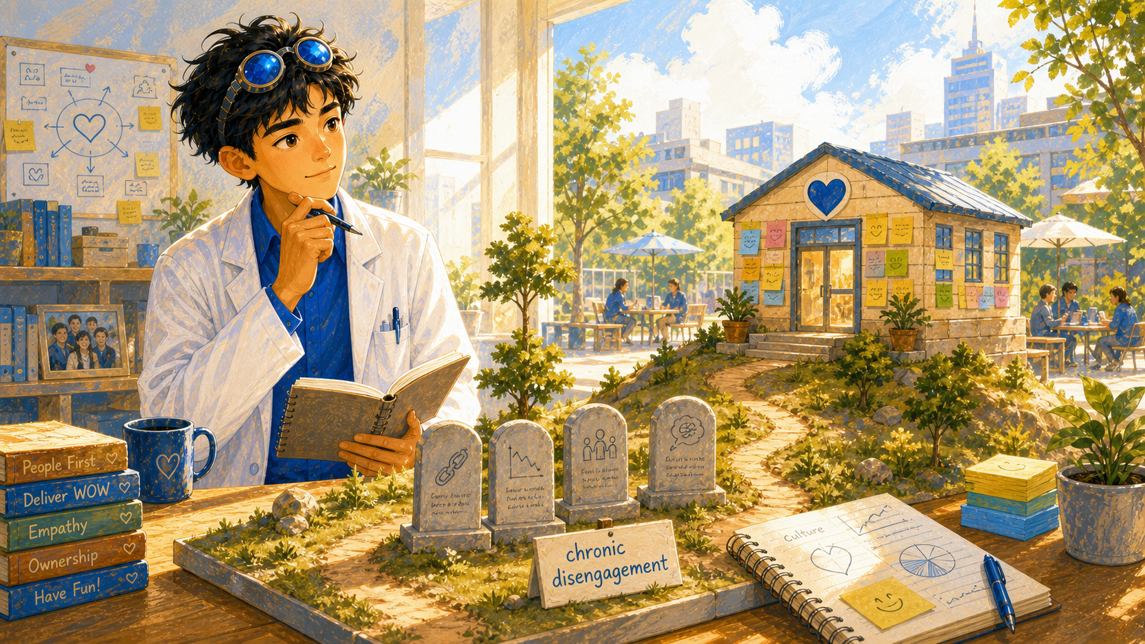 A symbolic diorama shows survivorship bias cutting both ways for companies with chronic disengagement