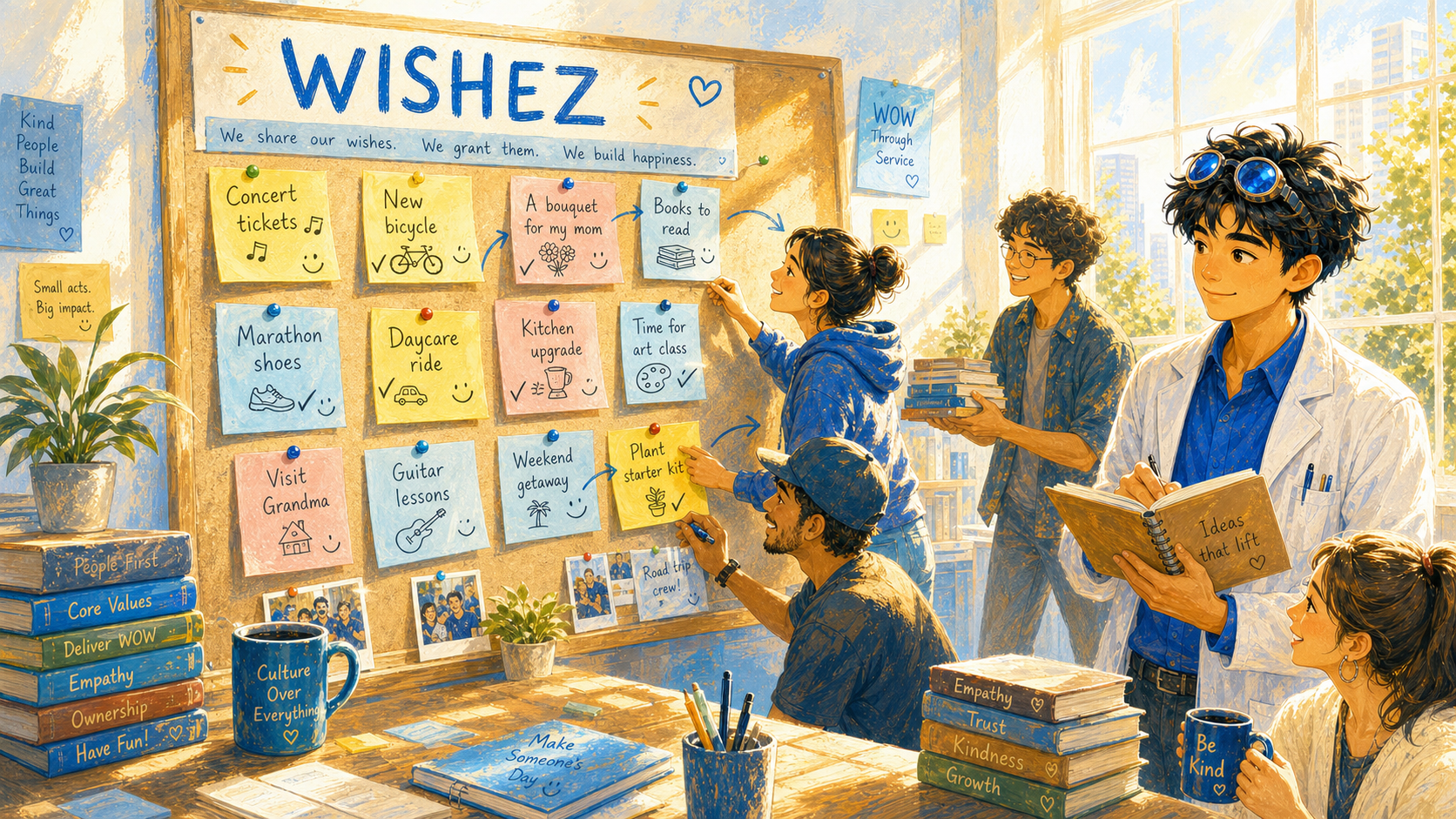 A bulletin board covered in handwritten sticky notes — wishes for concert tickets, a bicycle, a bouquet — with arrows showing coworkers picking and fulfilling them