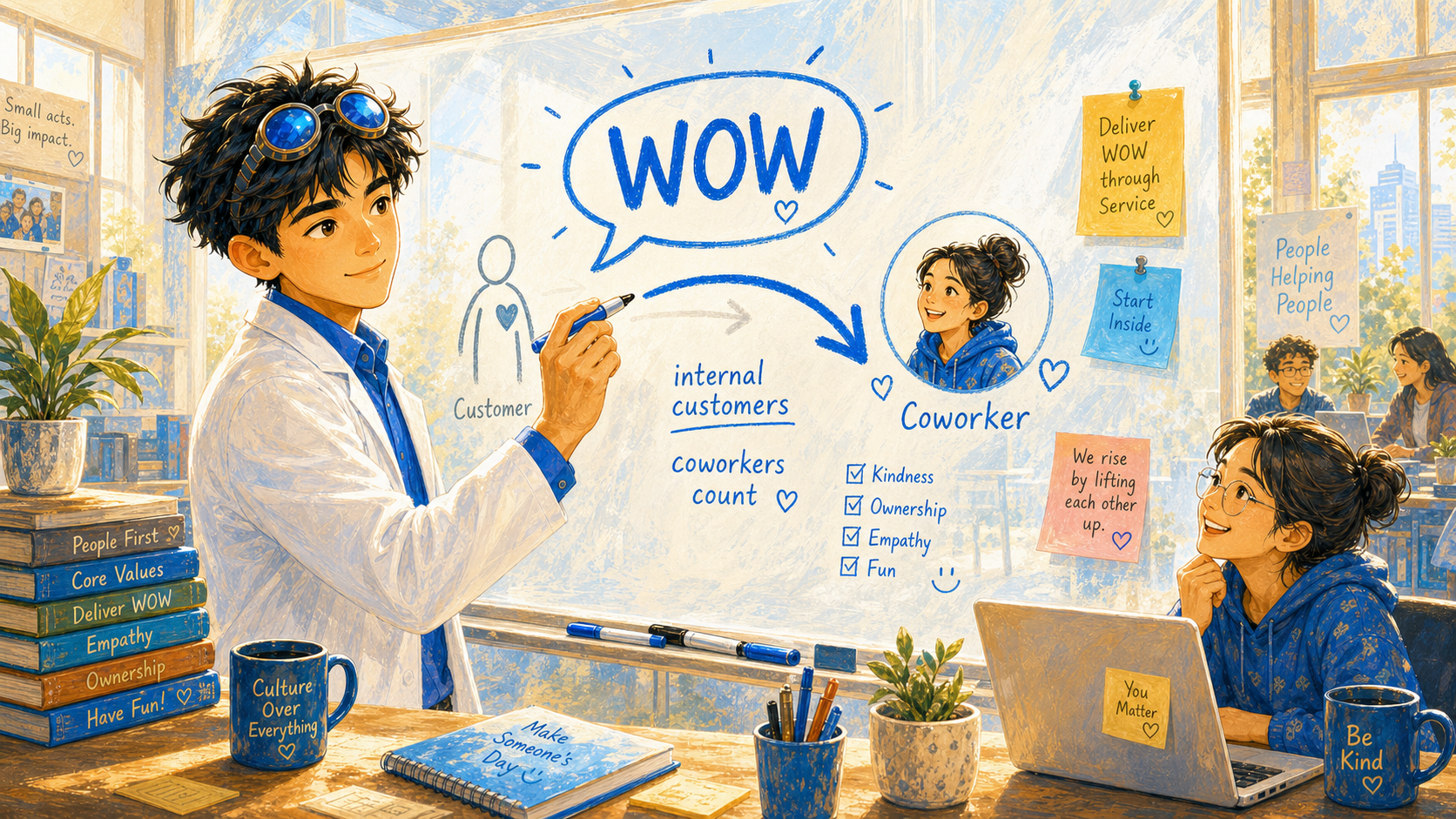 A researcher redraws the WOW service arrow inward toward a coworker on a bright office-lab whiteboard